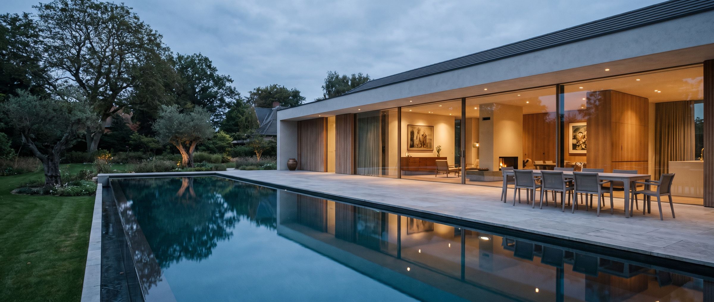 Een moderne villa met zwembad en tuin in het blauwe uur
